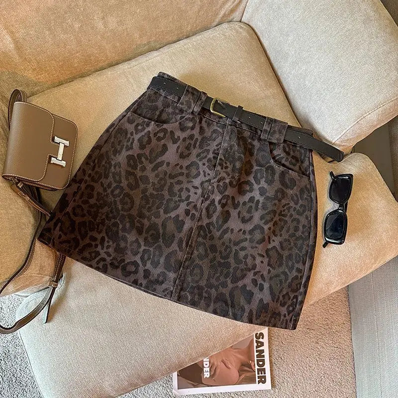 Leopard Print A-word Short Skirt New Anti-light High Waist Hip Wrap Mini Skirt
