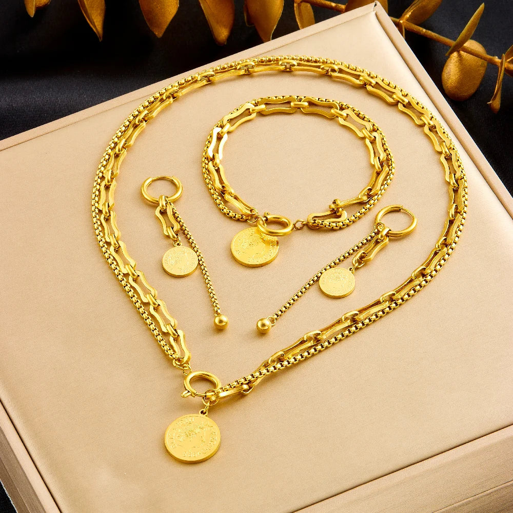 New Stainless Steel Golden Portrait Hanging Coin Necklace Earrings Bracelet Set
