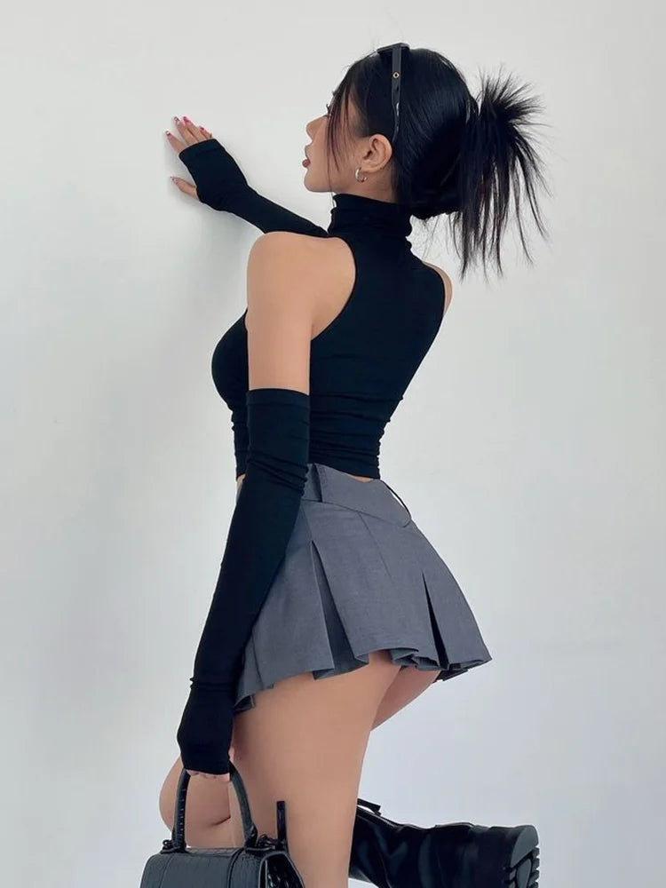 Girl Sleeves High Neck Pleated Club Crop Top