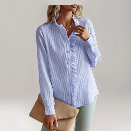 New Women's Wear Long sleeved Ruffle Edge Button Top