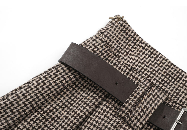 Y2K Low Rise Houndstooth Mini Skirt with Belt Woolen Pleated Mini