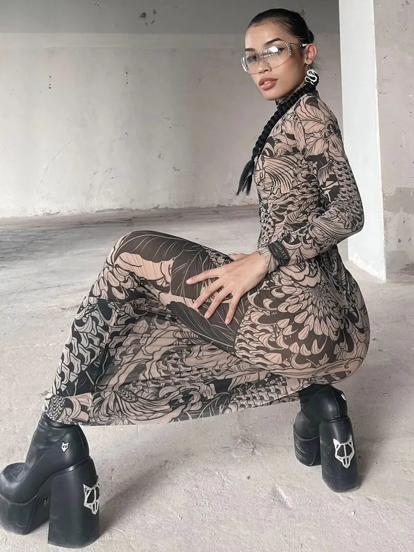 Haw thaw Long Sleeve Mesh See Through Streetwear Bodycon Long Dress