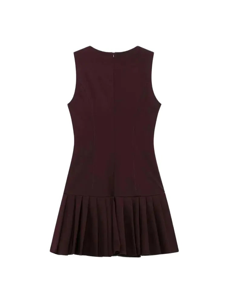 TRZA Women's Sleeveless Pleated Mini Dress O-Neck Back Zipper