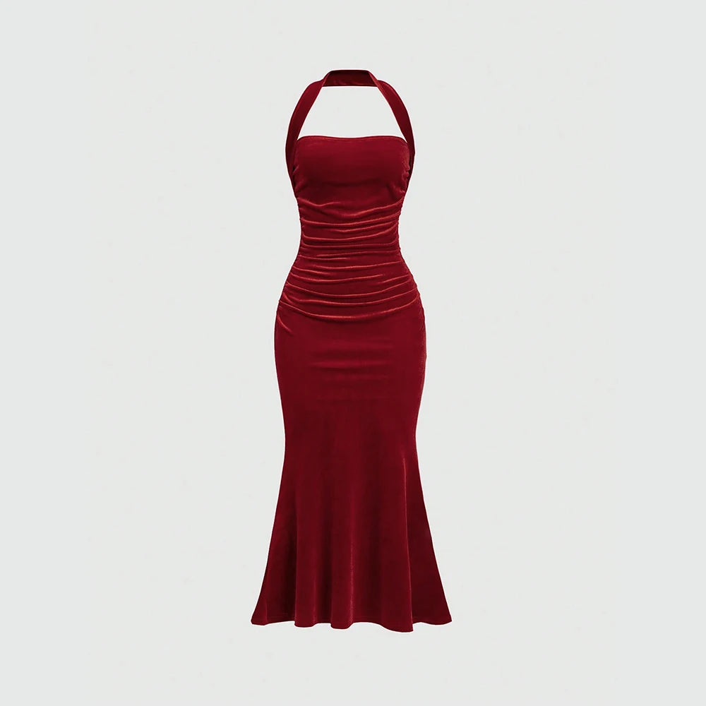 Mia Muse Women's Elegant Plain Sleeveless Halter Neck Wrap Maxi Prom Dresses