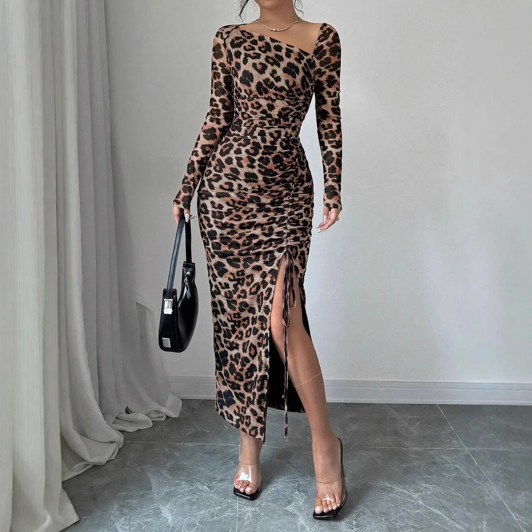 Sexy Leopard Print Split Long Dress