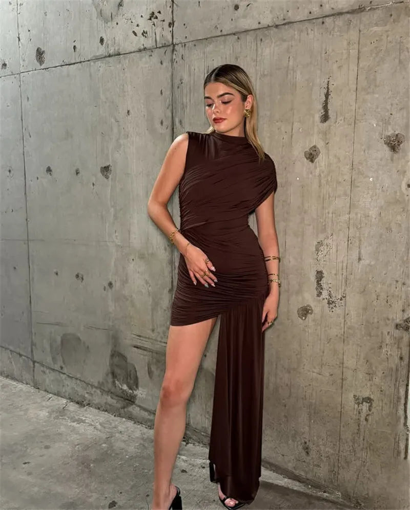 Mozision Irregular Draped Ruched Sexy Mini Turtleneck Sleeveless High Waist Pleated Club Party Dress