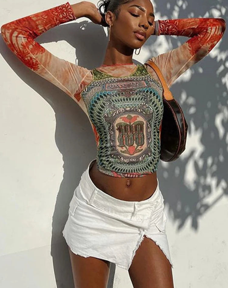 Weird Puss Dollar Print Women Long Sleeve Crop Tops
