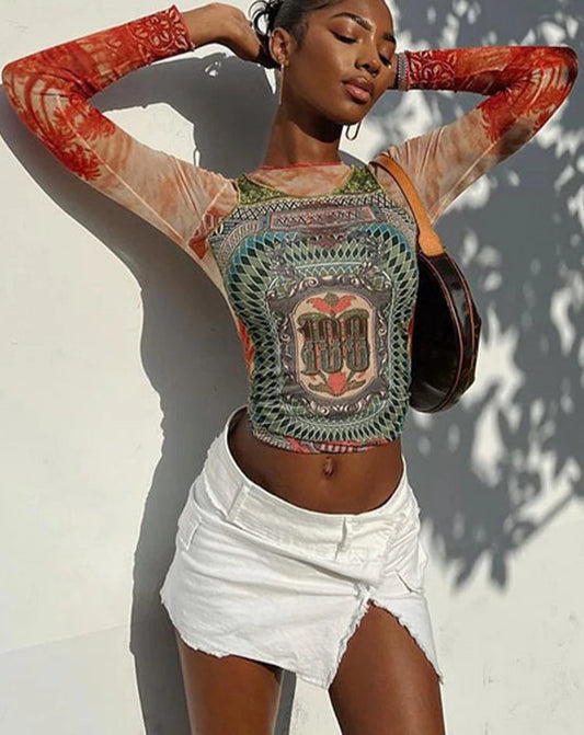 Weird Puss Dollar Print Women Long Sleeve Crop Tops