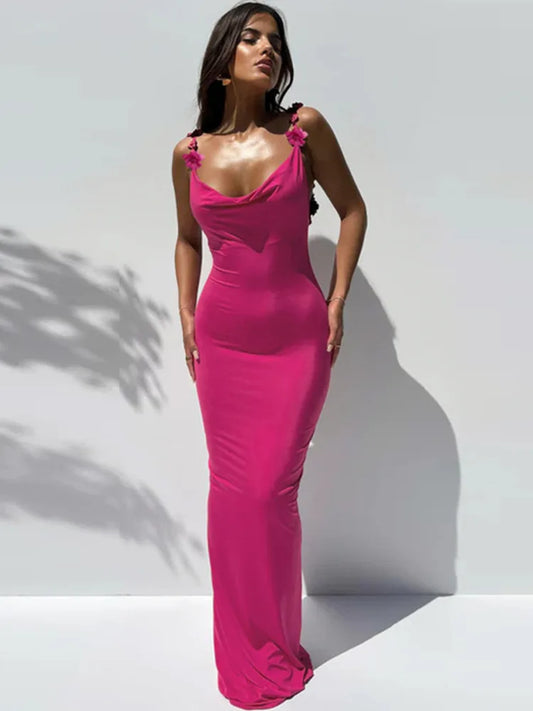Mozision Flower Spaghetti Strap Backless Maxi Dress Women Rose Pink Bodycon Slipdress