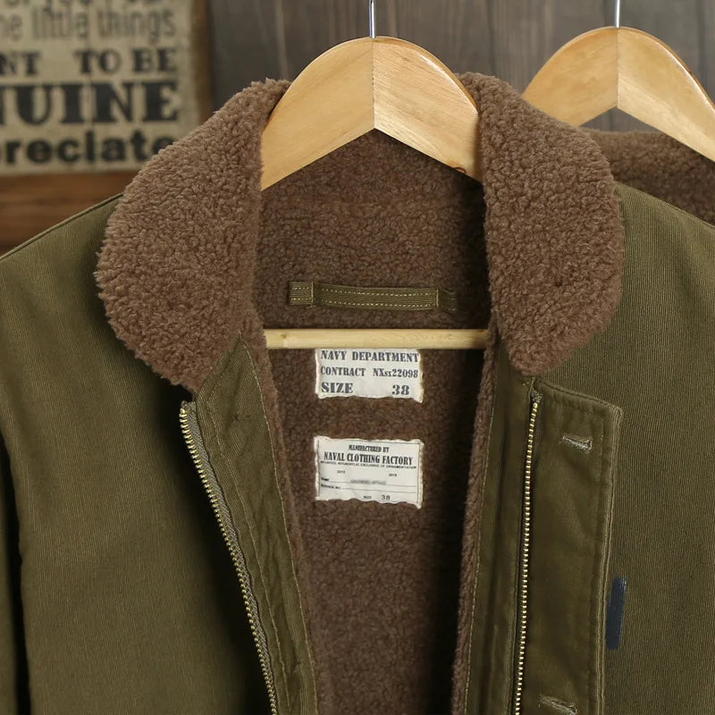 Khakifarbene Retro-Lammwolljacke für Herren