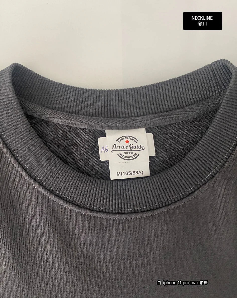 350g 100% Men Cotton Crew Neck Sweatshirts Solid Beige