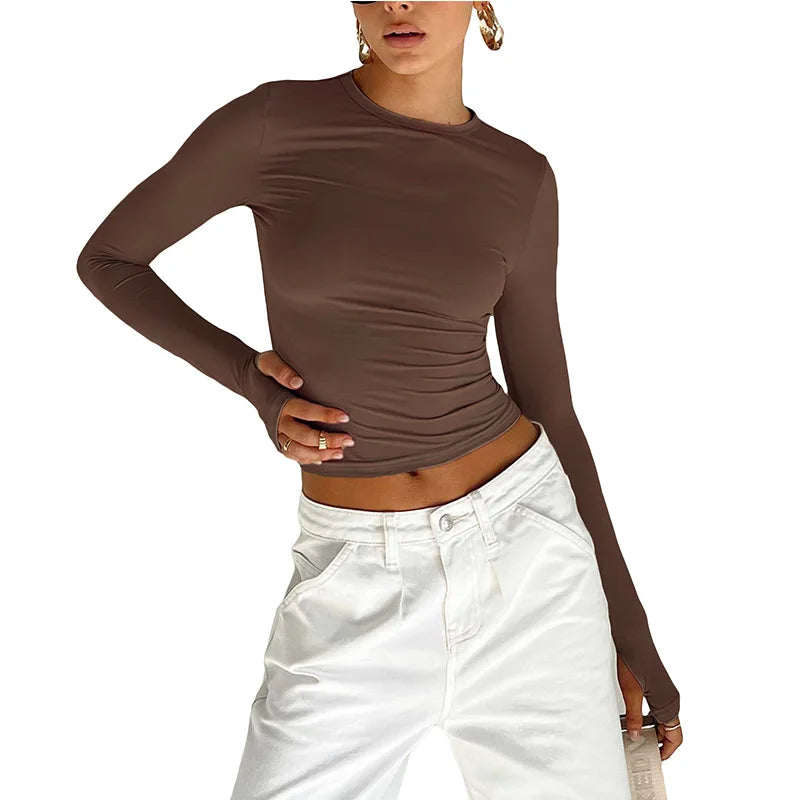 Women Long Sleeve Crew Neck Solid Slim Fit Ladies Crop Top