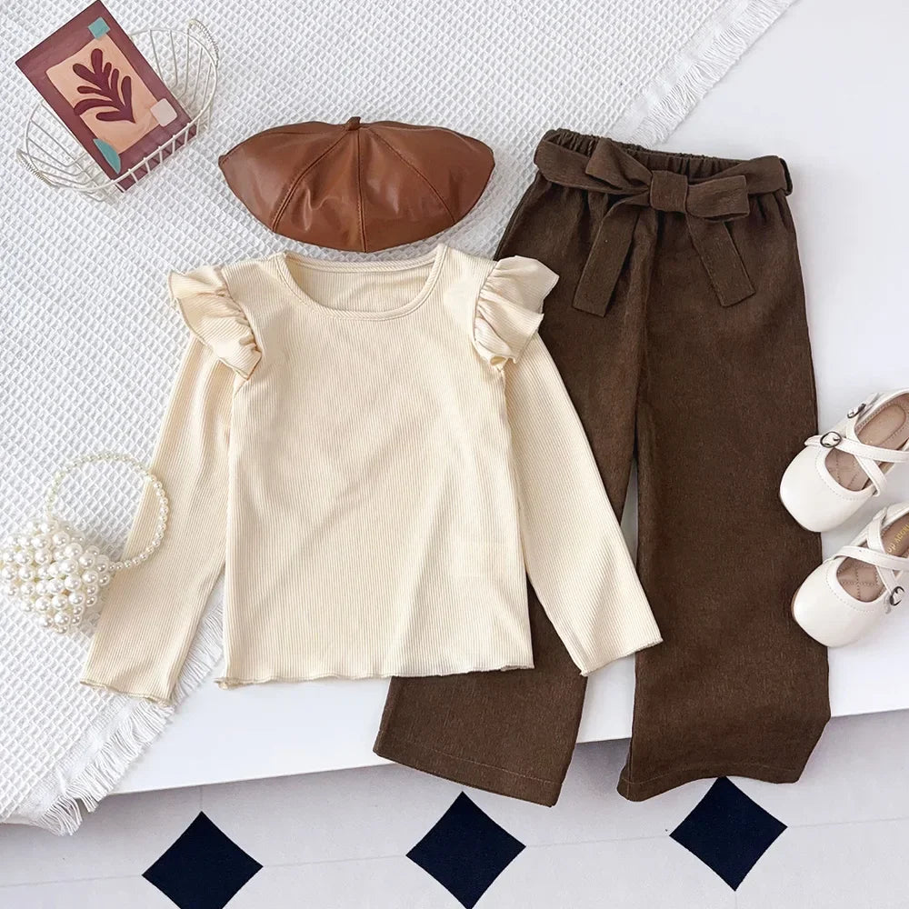 Autumn Winter Long Sleeved Round Neck Top+brown Long Pants