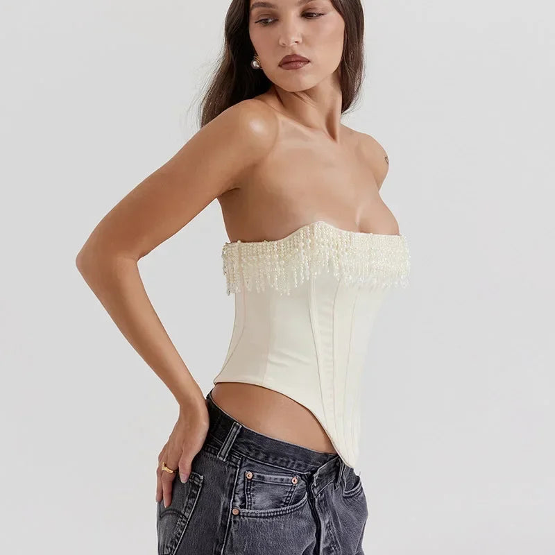 Pearl Tassel Corset Strapless Crop Tops