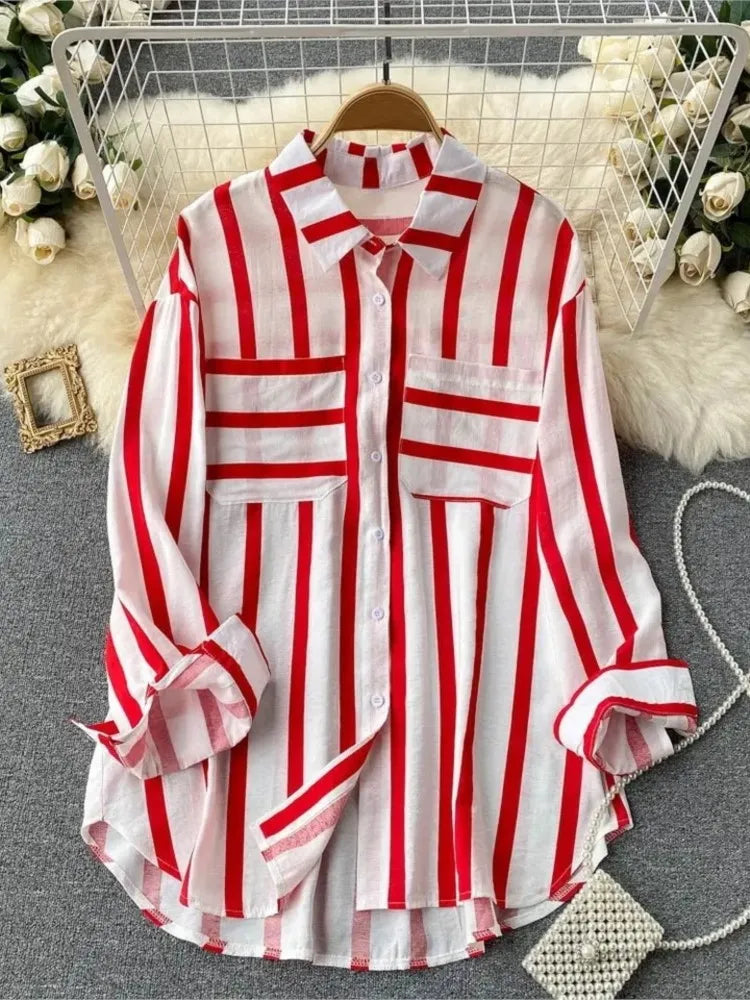 Summer Striped Blouse Fashion Turn-down Collar Long Sleeve Button Top