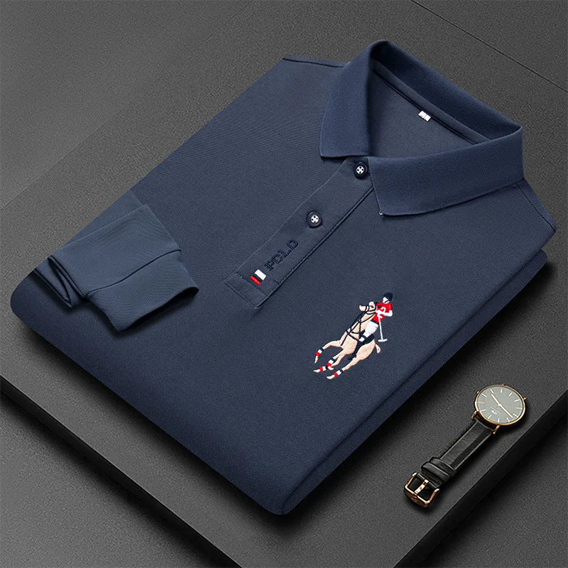 Besticktes Langarm-Poloshirt für Herren in Volltonfarbe