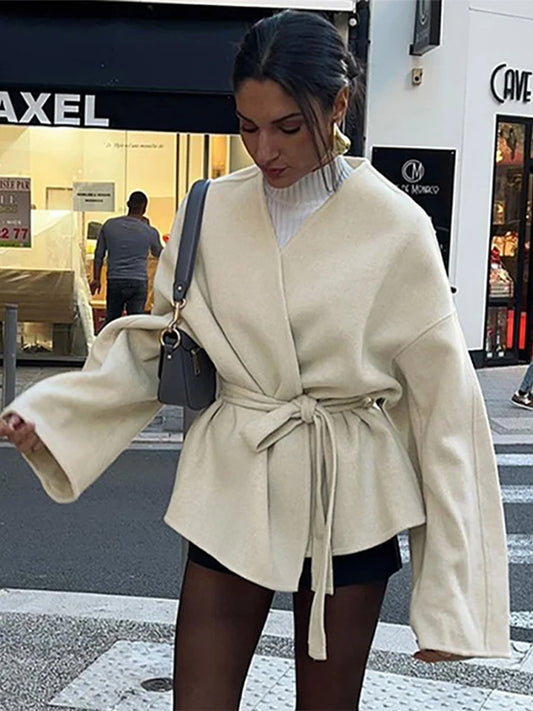 Women Casual Lace Up V-neck Long Sleeve Solid Jacket