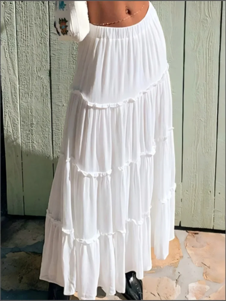 White Skirt High Waisted Lotus Leaf Edge Skirt Solid Color Pleated Skirt