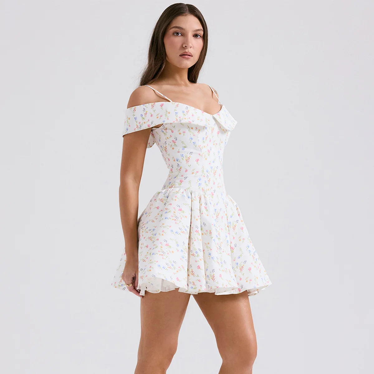 Suninheart Floral Print Short Party Dresses Off The Shoulder Tulle Dress