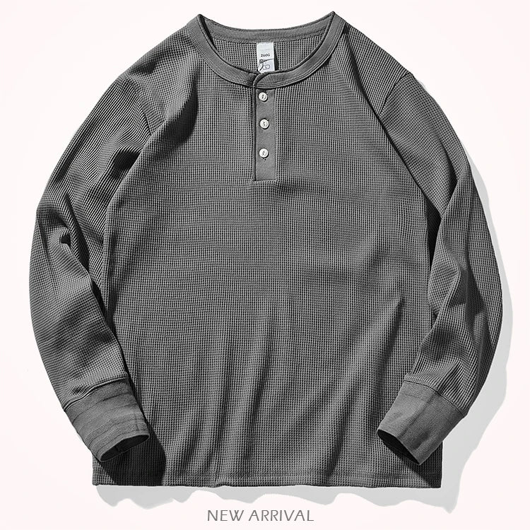 Autumn And Winter New American Heavyweight Retro Men's Waffle Long-sleeved T-shirt