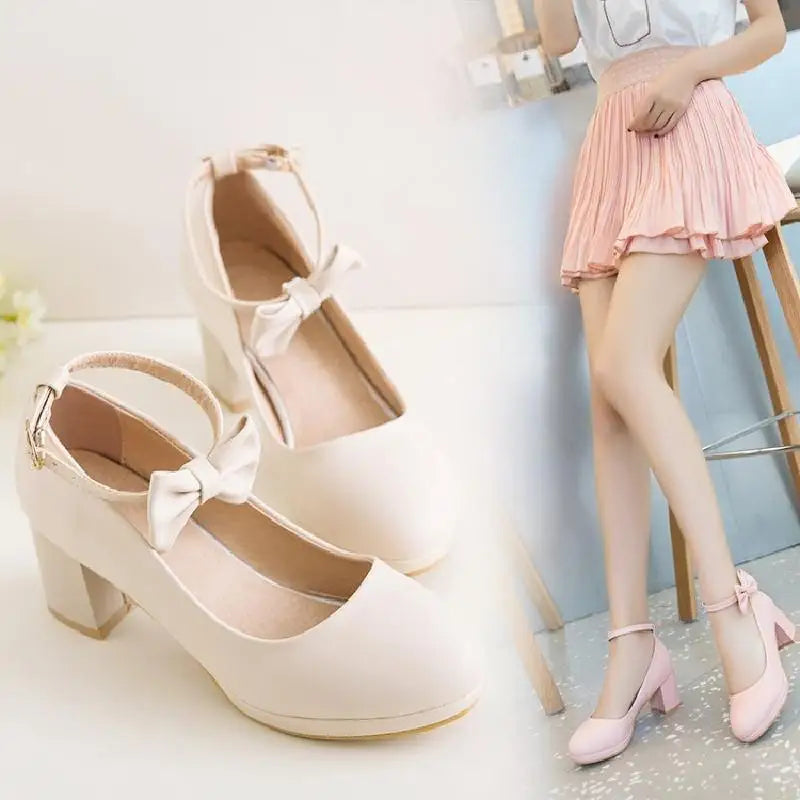 Women Platform Pumps Fashion Bow Thick Heel