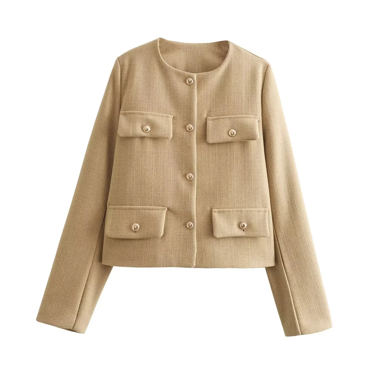 New  Fashion Solid Pockets O Neck Single Breasted Elegant Chic Short Jackets