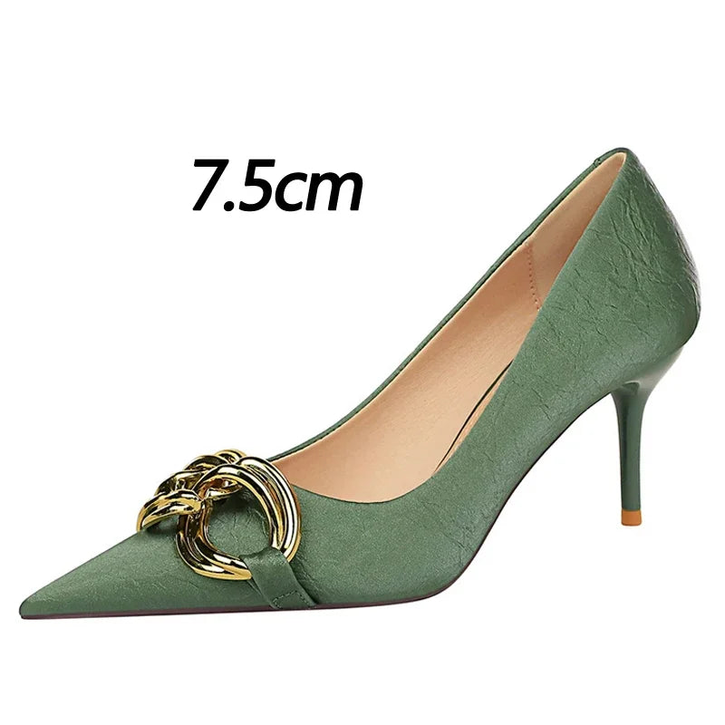 Women's Fashion Nude Metal Buckle Pumps High-Heels