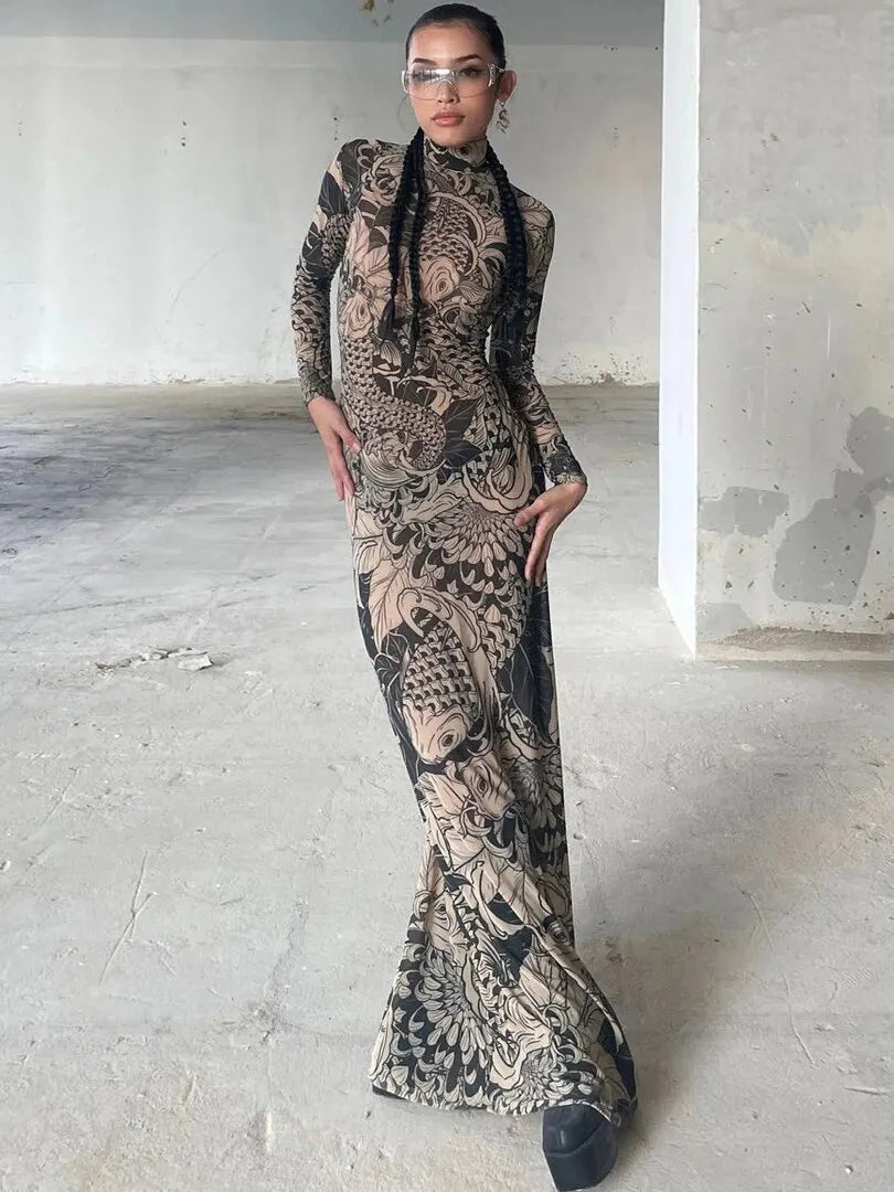 Haw thaw Long Sleeve Mesh See Through Streetwear Bodycon Long Dress