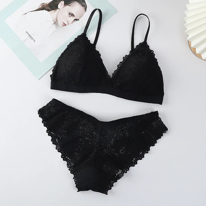 New Low Waist Briefs Vneck Embroidery Brassiere Panties Set