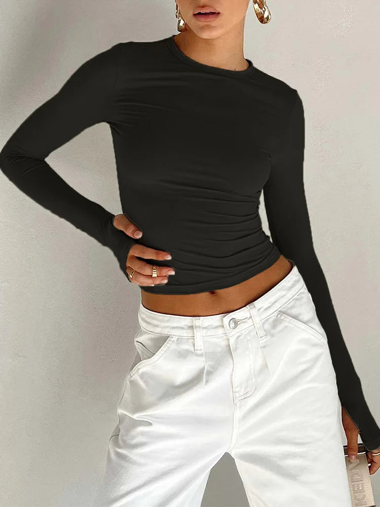 Women Long Sleeve Crew Neck Solid Slim Fit Ladies Crop Top