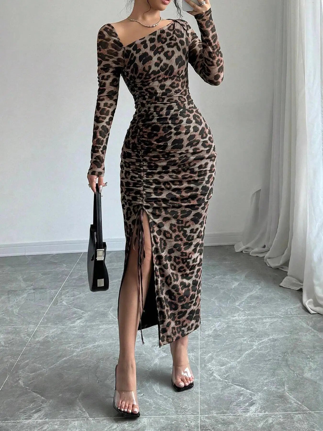Sexy Leopard Print Split Long Dress