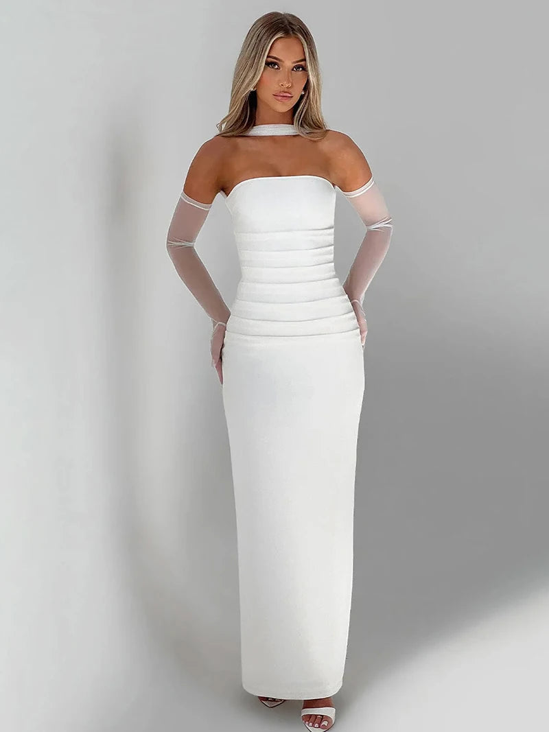 Neues, figurbetontes, rückenfreies, langes Kleid mit Rüschen
