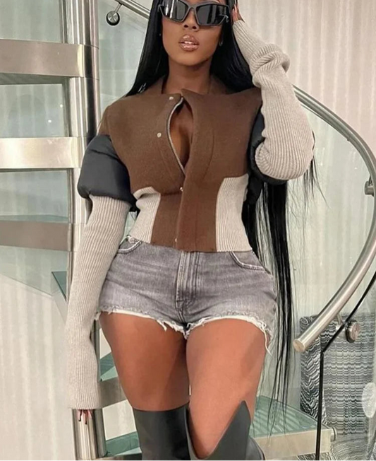 Women Classic Patchwork Long Sleeve Zip-up Slim Fit Jackets