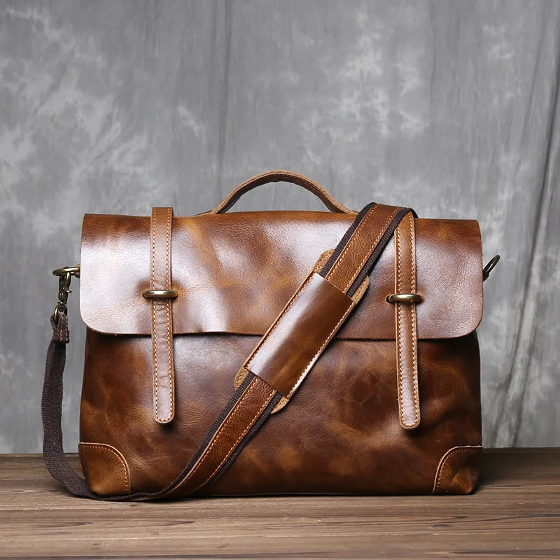 Men's Top Layer Cowhide Briefcase Crazy Horse Leather Bag