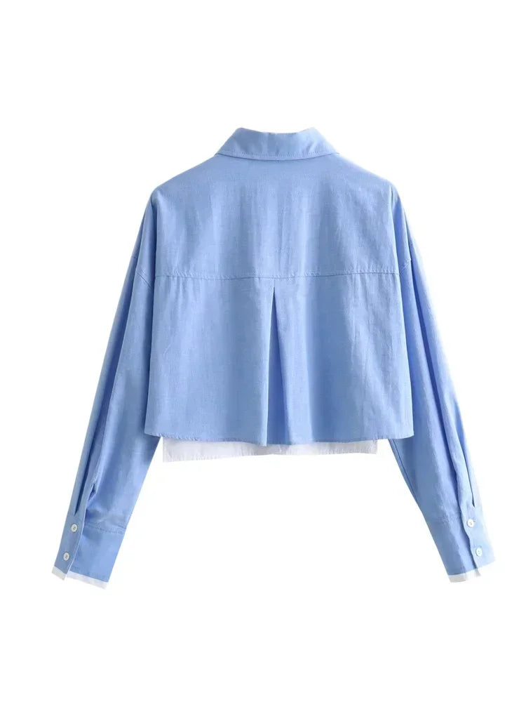 Women Fashion Crop Oxford Blouse Shirt