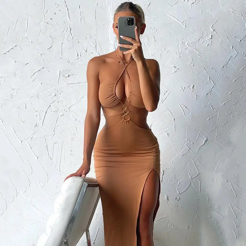 summer Sexy Hollow Lace Up High Slit Long Dress