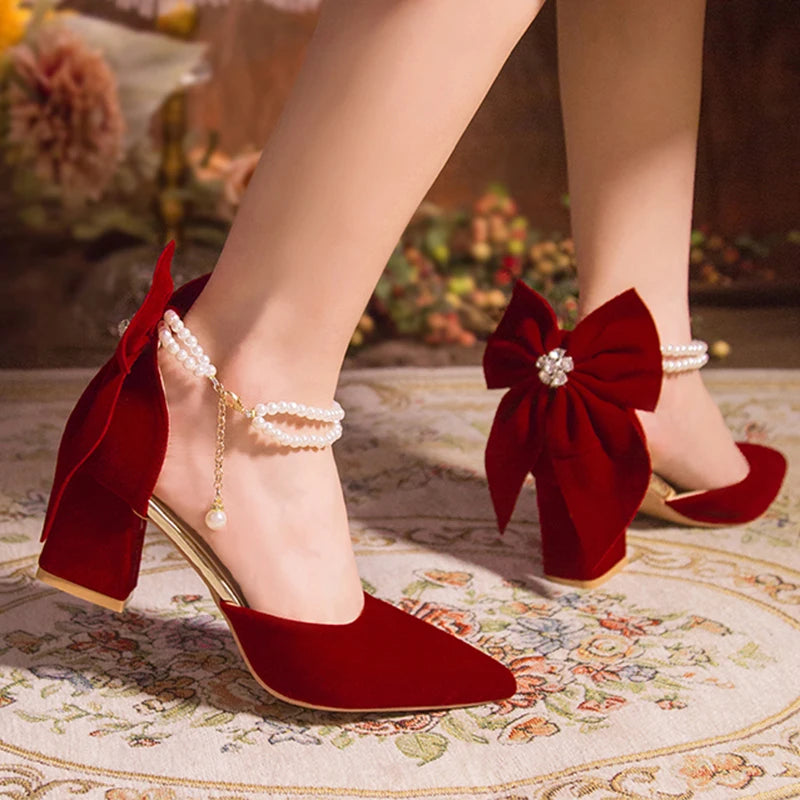 Damen Dicke Pumps Trend Rot Wildleder Perlen Schnalle High Heels