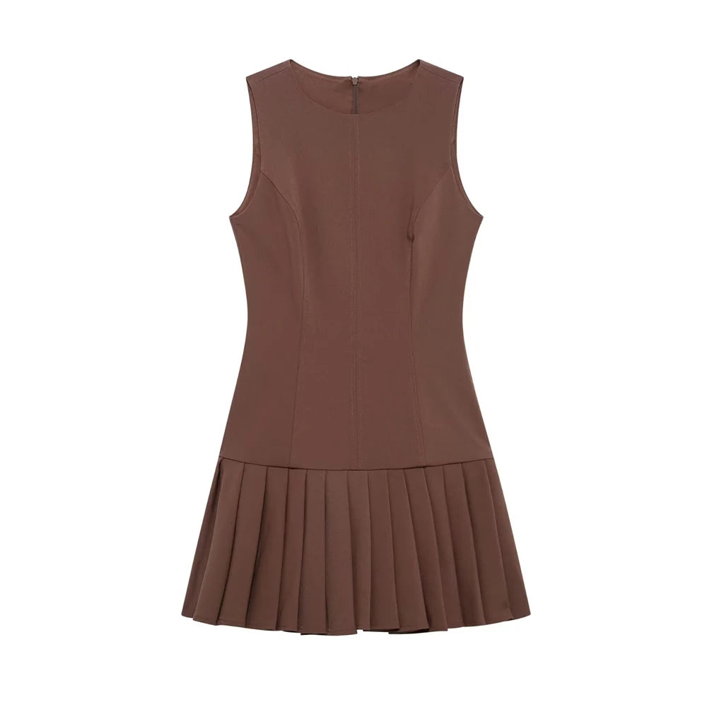 TRZA Women's Sleeveless Pleated Mini Dress O-Neck Back Zipper