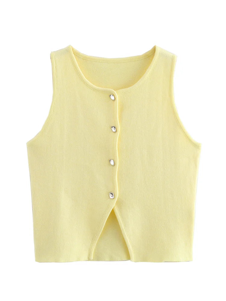 Women Fashion Sleeveless Buttons Hem Split Tops