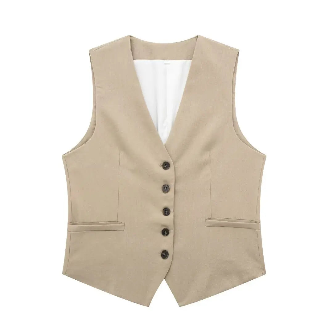 Women Fashion Plain Linen Tops Vest