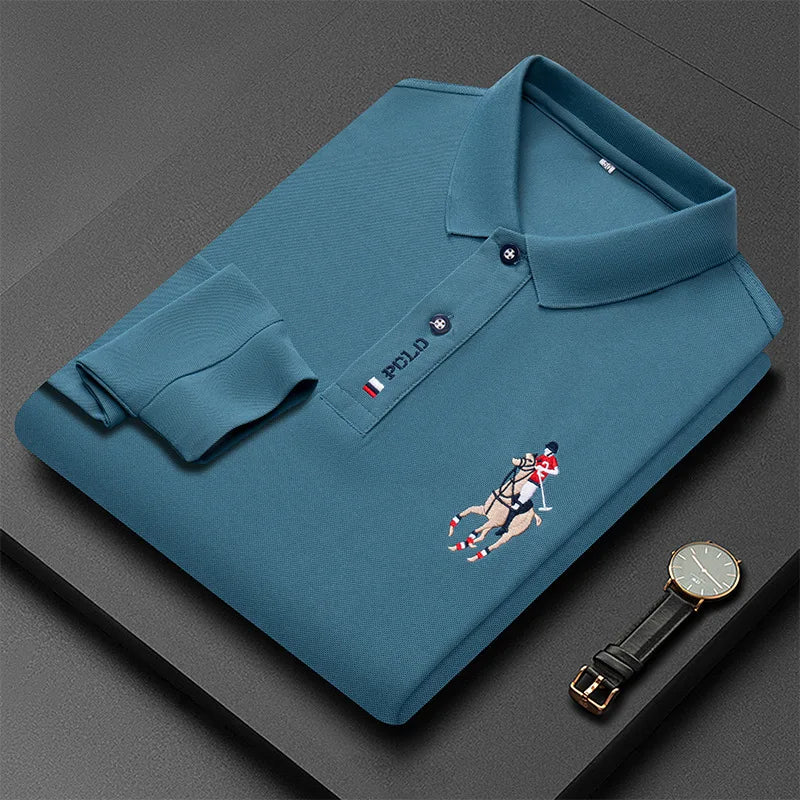 Besticktes Langarm-Poloshirt für Herren in Volltonfarbe