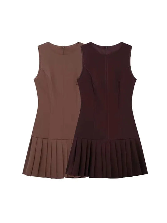 TRZA Women's Sleeveless Pleated Mini Dress O-Neck Back Zipper