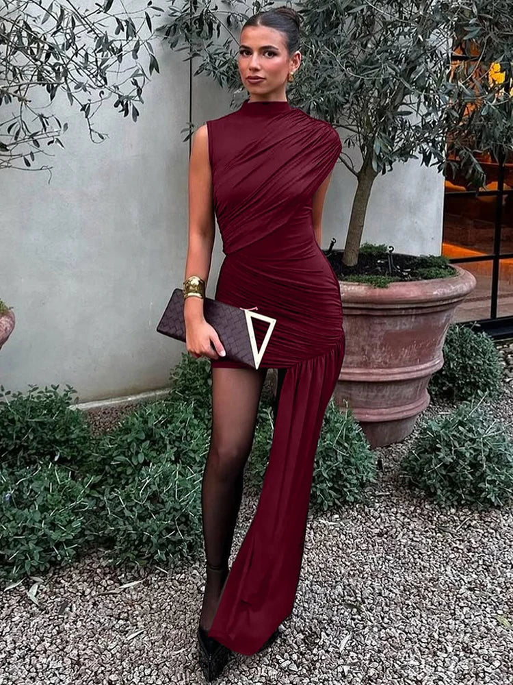 Mozision Irregular Draped Ruched Sexy Mini Turtleneck Sleeveless High Waist Pleated Club Party Dress