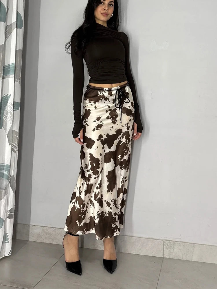 Animal Print Satin Skirt Women Fashion Ruffles Midi Skirts With Belt