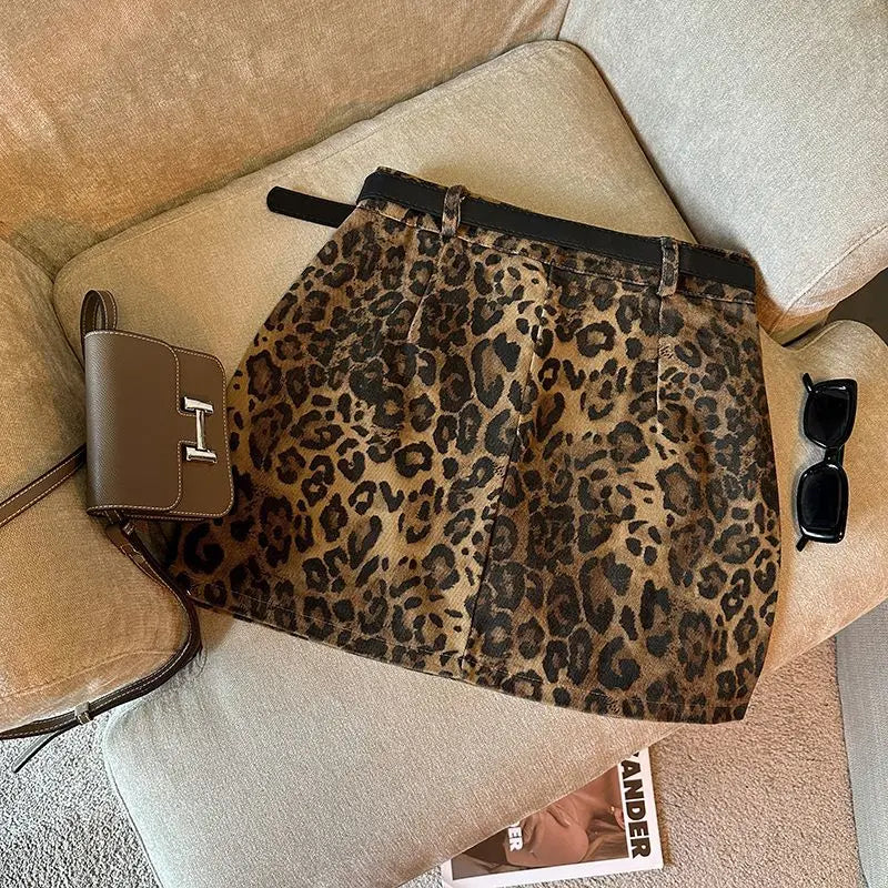 Leopard Print A-word Short Skirt New Anti-light High Waist Hip Wrap Mini Skirt