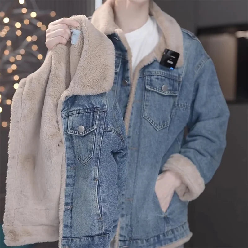 Neue lässige, dicke Jeansjacke aus Samt in Plusgröße