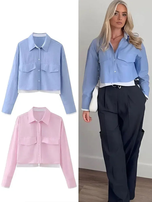 Women Fashion Crop Oxford Blouse Shirt