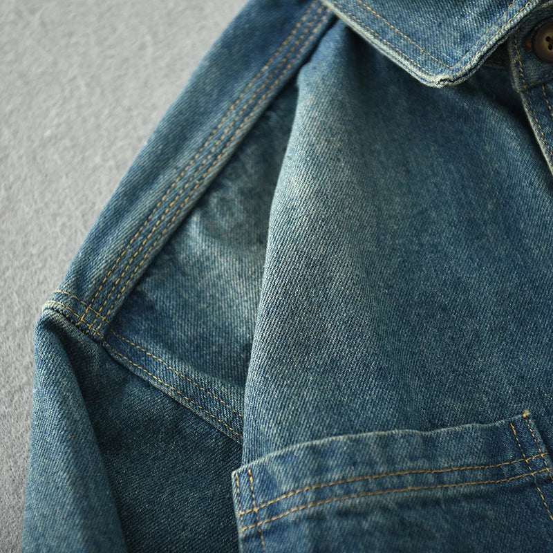 Herbst/Winter Grobes, verwaschenes Denimhemd im Retro-Look