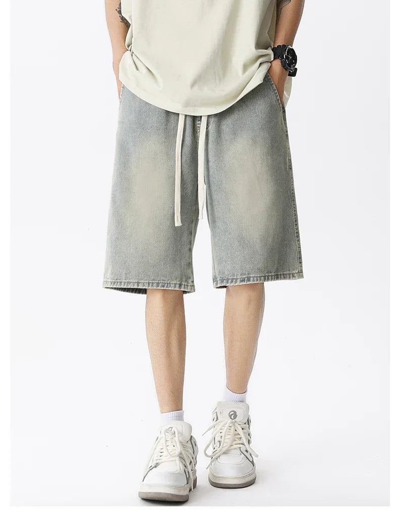 Thin Retro Casual Denim Shorts Soft Comfortable Stretchy Loose Drawstring
