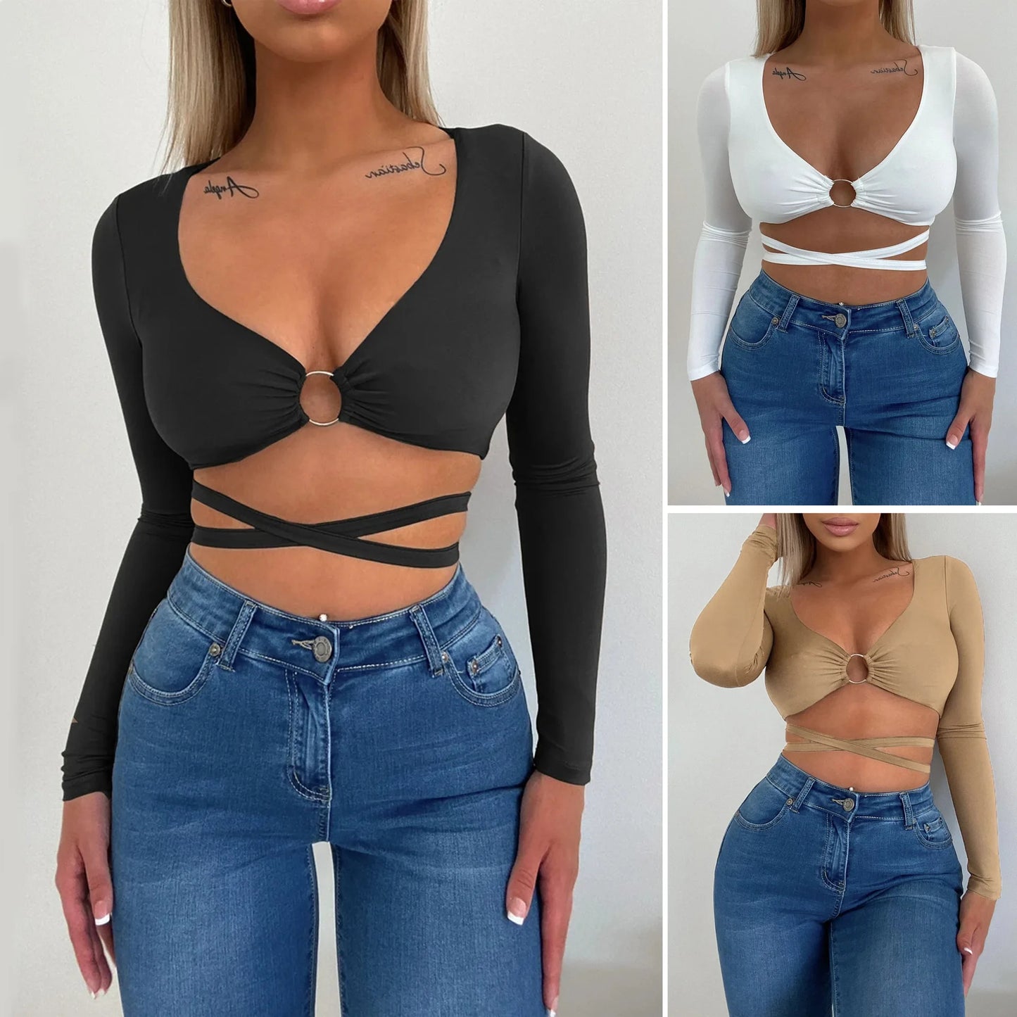 Women Long Sleeve Metal Ring Bandage Tee Tops